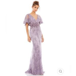 Flutter sleeve, v-neck gown embellished with  hand done bead work. 67493 STYLE#